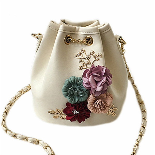 2018 New Design Women Handmade Flowers Bucket Bags Mini Shoulder Bag Chain Drawstring Small Cross Body Bag Fashion Handbags