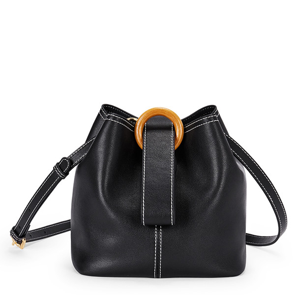 Mantobruce black leather bucket shoulder bag