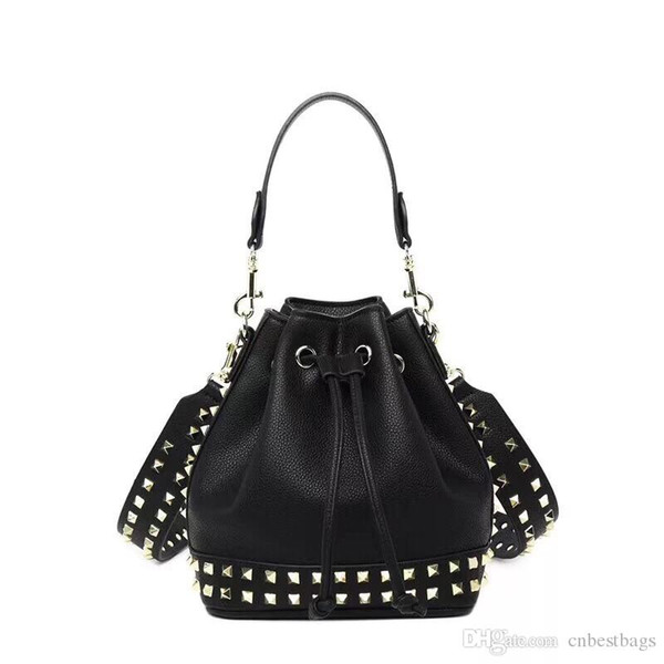 Women Rivet Bucket Handbag Genuine Leather Shoulder Hobo Purses Designer Large Bags with an adjustable shoulder strap