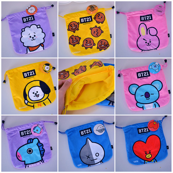 IVYYE 1PCS BTS BT21 TATA RJ Cartoon Drawstring Bags Cute Plush storage handbags makeup bag Coin Bundle Pocket Purse NEW