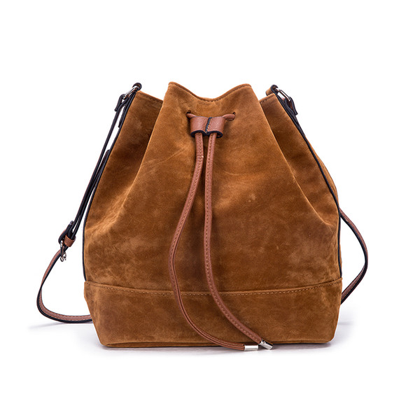 Woman Suede Drawstring Bucket Bag Brown Ladies Shoulder Crossbody Bag Travel Large Capacity Black Tote Handbag