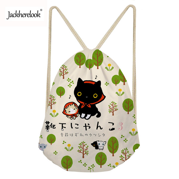 Jackherelook Kawaii School Girls Drawstring Bags Backpack Women Gym Sack Animal Cat with Music Note Print Ladies Storage Bags