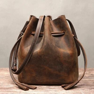 2017 new fashion shoulder bags handbags women handmade famous brand Drawstring bag women retro Crazy horse leather handbag 24cm