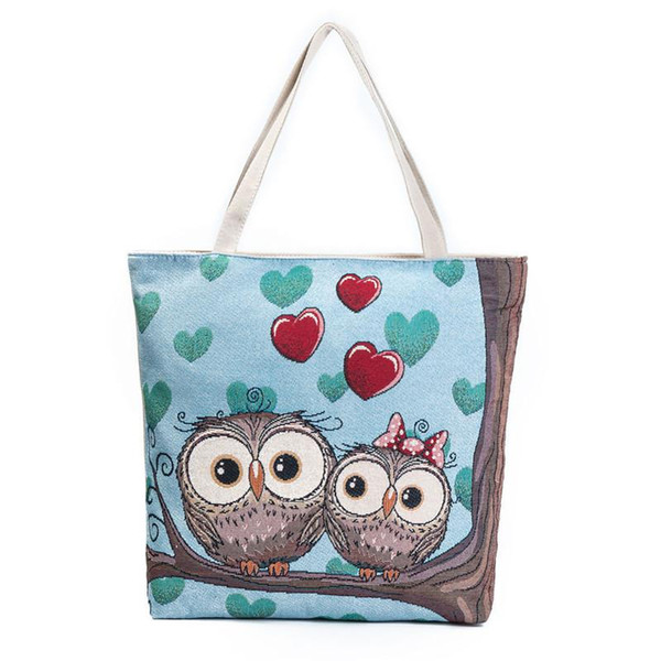 2017 cross border owl embroidery women handbags female canvas single shoulder bags cute animal print tote shopping bags