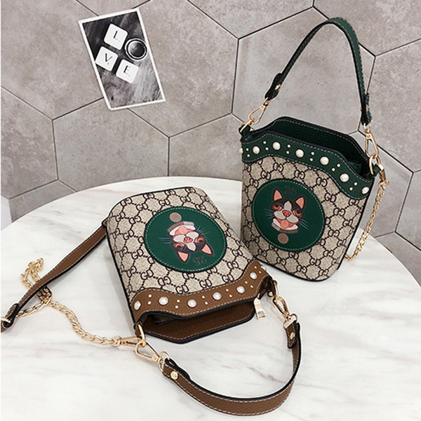 2018 New Drawstring Bucket Bag High Quality Dog Printing Shoulder Bags Fashion Leather Handbags Cross Body Shoulder Bags