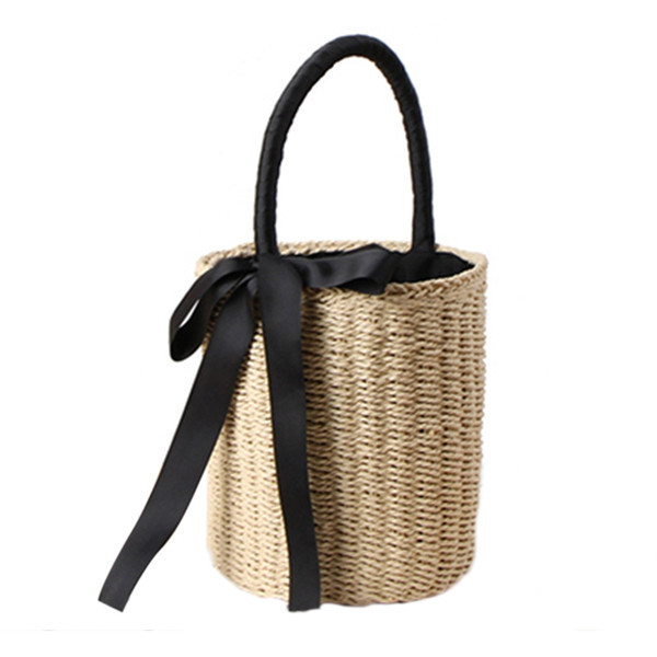 Women Straw Bags Summer Female Bowknot Beach Bags Women Designer Casual Tote Ladies Vintage(Beige)