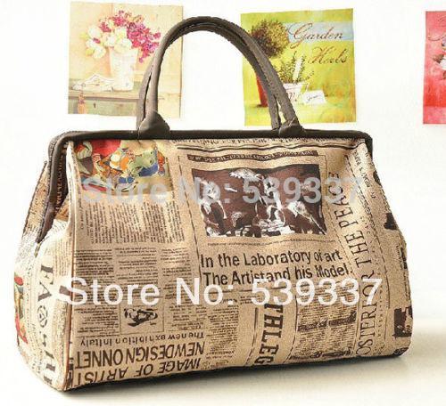 Wholesale-Free Shipping Newspaper Design Retro Vintage Style Womens Lady Handbag Tote Shoulder Bag Casual