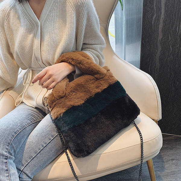 2019 Winter thick striped single shoulder bag Korean fashion plush woman Tote bag retro color satchel bolsas feminina