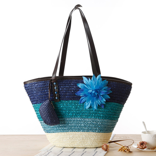 2019 New summer Straw bag Summer flower Bohemia beach bags fashion women's handbags color stripes shoulder bags big tote