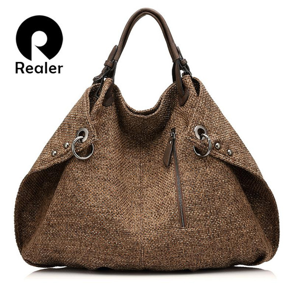 Wholesale- REALER brand casual women tote bag female extra large capacity handbag new design knitted linen bag ladies crossbody bags