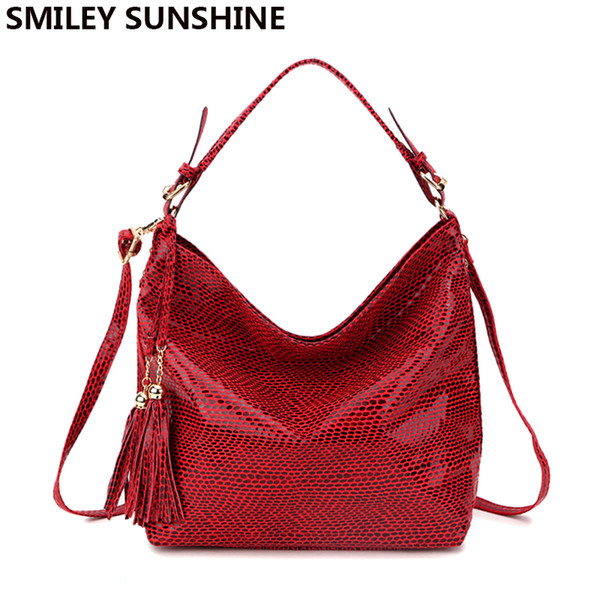 SMILEY SUNSHINE snake leather women big shoulder bag female serpentine pattern hobos bag with tassel women handbag red tote new