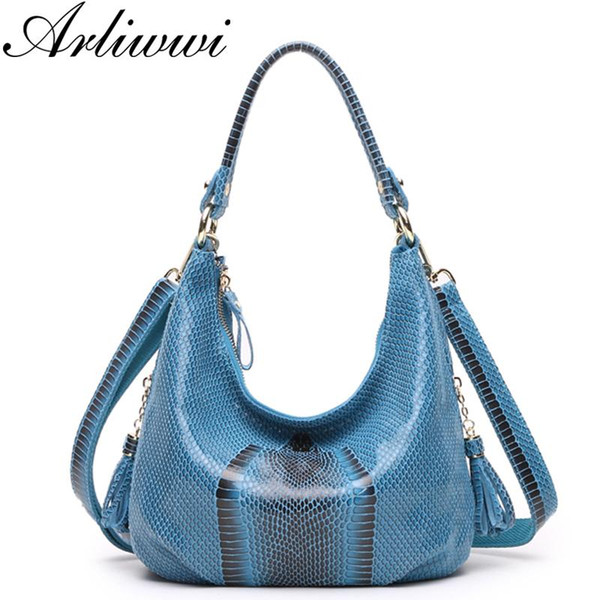 Arliwwi Brand Elegant Snake Head Pattern Real Leather Lady Tote Hobos Designer Shiny Serpentine Bags Women Genuine Leather New