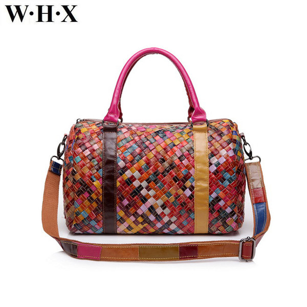 WHX Brand Women Genuine Leather Weave Handbags female leather Shoulder Bag Messenger Bag Top-handle tote handbag ladies bags