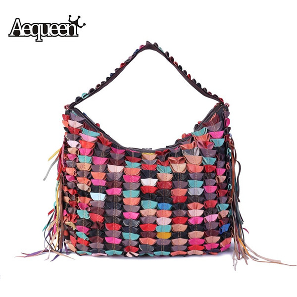 AEQUEEN Tassel Hobos Bag Women Handbags Genuine Leather Shoulder Bags Tread Patchwork Design Large Capacity Casual Totes Bolsas