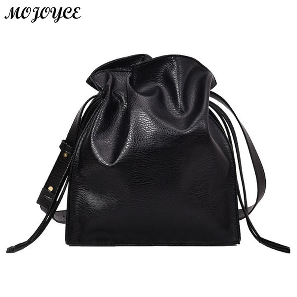 Women Drawstring Shoulder Handbags Simple Large Capacity Crossbody PU Leather Casual Messenger Bucket Bags New Design Girls Bag