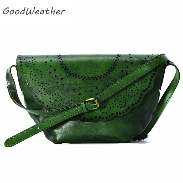 Retro women messenger bag high quality green genuine leather handbag designer mini vintage hollow out crazy horse shoulder bags