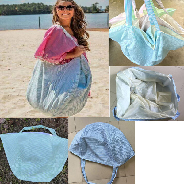 300pcs 2018 New Arrival Women Men Polyester Large Stripes Open Hobo Beach Bags Kids Beach Toys Receive Bag Seersucker Summer