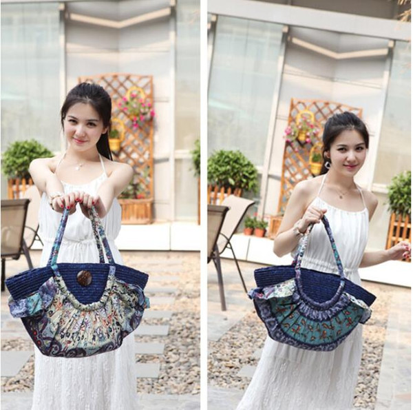 1 piece Pillow Straw Bohemia patchwork cloth Beach Handbag Shopping Travel Large capacity Woven Shoulder Bags Pouches Bolsa