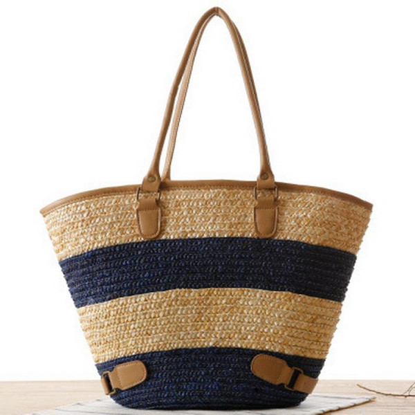 Wholesale- 2016 Women Striped Handbag Tote In European Lady Straw Patchhwork Shoulder Bag Beach Bag Tote Hobos For Holiday Bolsa Feminia