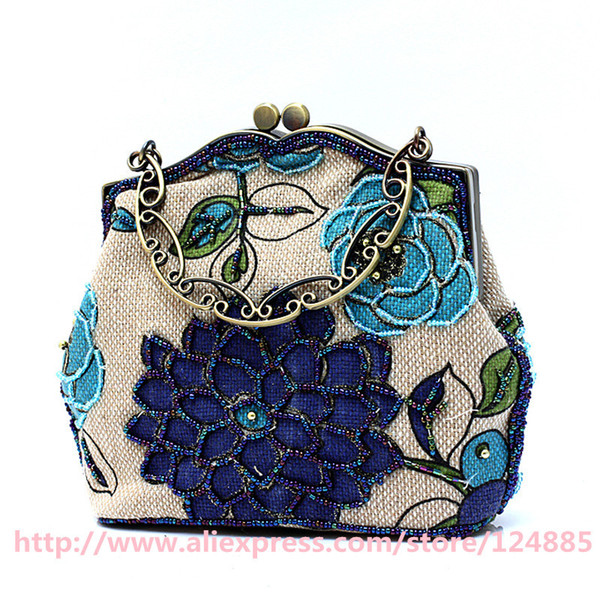 Wholesale-Hot 2015 Handmade Shoulder Bag Ladies' Linen Beaded tote Handbag Evening Bag Shopping Bag 20089