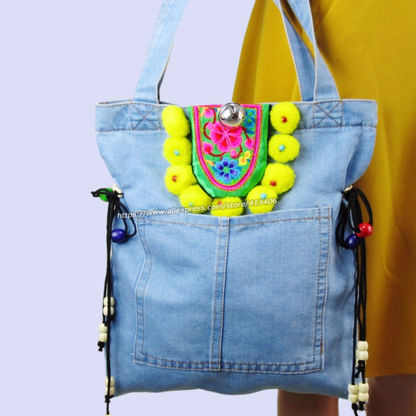 Vintage Hmong Denim Bohemian hobo tote bag embroidery handbags large shopping shoulder bags travel bags colorful pom charm 1007