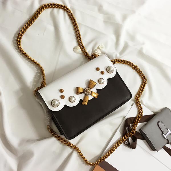 high quality~w337 5 colors genuine leather pearl bow chain mini shoulder bag handbag green red white black blue pink 22*16cm