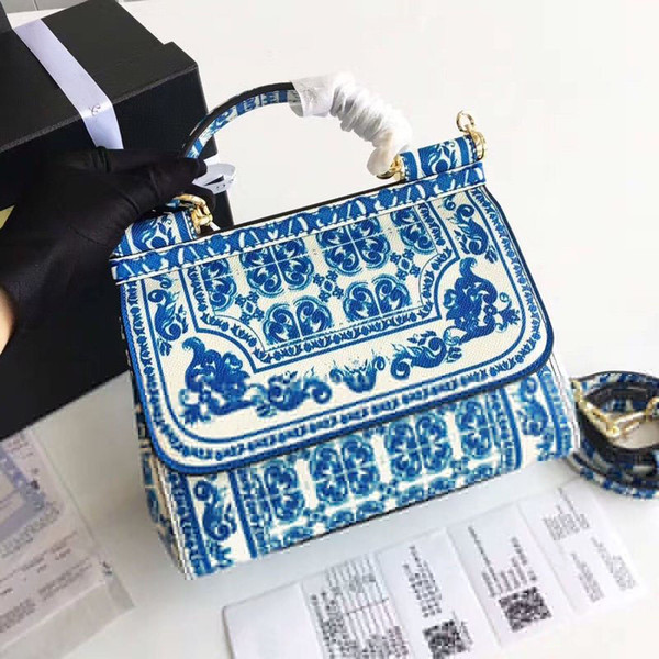 New fashion designer luxury handbags purses genuine leather Blue and white porcelai printed satchel bag ladies brand designer totes bags