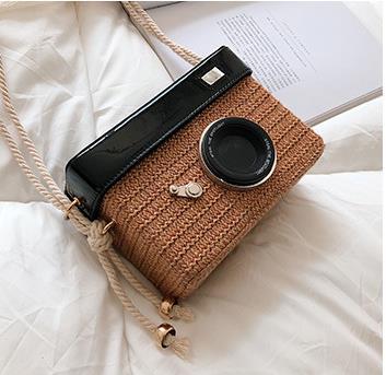 Haby 2020 Women's Small Bag New Fashion Straw Woven Funny Camera Type With Chain Small Square Woven Single Shoulder Bag