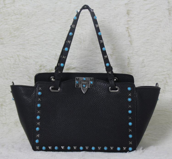 high quality~ w332 s/l genuine leather gem stud tote shopping bag black