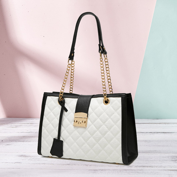 Hot sale nice design shoulder bag black and white patchwork Pu leather handbag quilted noe bag sequins rivet chain bag