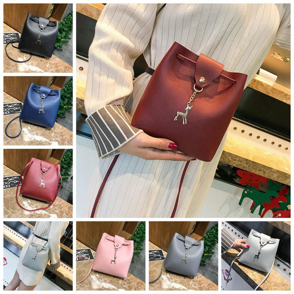 Women Leather Shoulder Bucket Bag Deer Pendant Casual Tote Satchel Mini Handbag Messenger Bag Cross Body Bag OOA4287