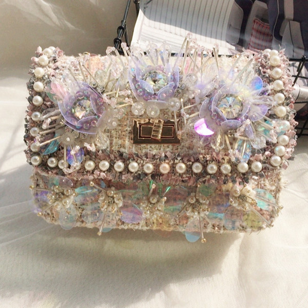 Women's Elegant Pink Rhinestone pearls Bow Bags Flower Satchel Bag Ladies Fashion Woolen Shoulder Clutch Bags For Girls Wholesale and retail