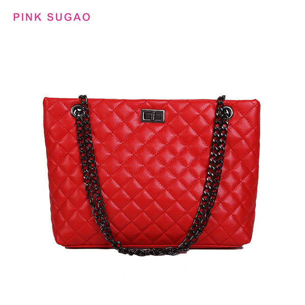 Pink Sugao women handbag large capacity shoulder bags designer lattice chain bag tote bags new styles pu leather wholesales bag