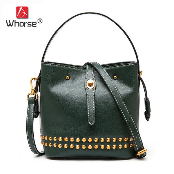 Brand Fashion Style Genuine Leather Small Bucket Bag Rivet Beautiful Women Handbag Mini Ladies Shoulder Messenger Bags For Lady W09700