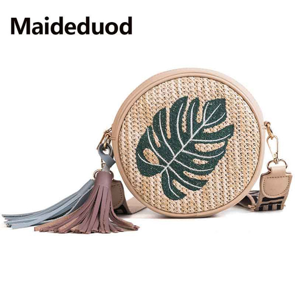 Maideduod Fashion Embroidery Women shoulder bag Round Bag buckle Rattan Straw Bags Satchel Wind Bohemia Beach Circle Bag