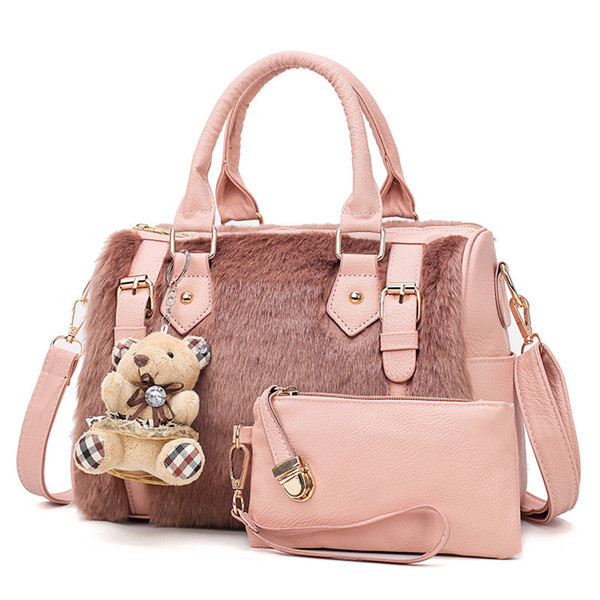 2019 New Handbag Women Casual Tote Bag Female Large Shoulder Messenger Bags High Quality Faux Fur Handbag With Bear/coin Bag