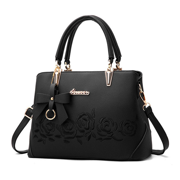 Top Brand Shoulder Bag Women Leather Bowknot Rose Embroidery Pattern Crossbody Bag Handbag Mujer De Hombro Bolsa Feminina