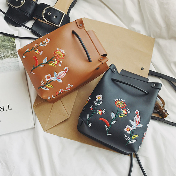 2019 Handbag Bucket Bag Pu Leather Crossbody Small Bags Flower Embroidery Messenger Bag Embroided Feminina Bags