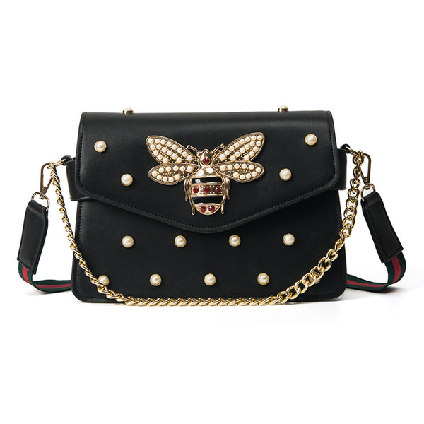 Brand design handbag lovely Rhinestone chain bag elegant woman bee pearl decorative leather shoulder bag women bag small fresh pearl spring