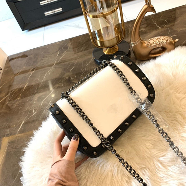 2019 High-quality leather Rivet Tassel Chain Shoulder bag British Fashion Simple Small Square bag Women's Designer Handbag