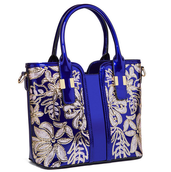 Women Totes Solid Color Blue Black Red Gold Soft Leather Simple High Large Pearl Embroidered Handbag