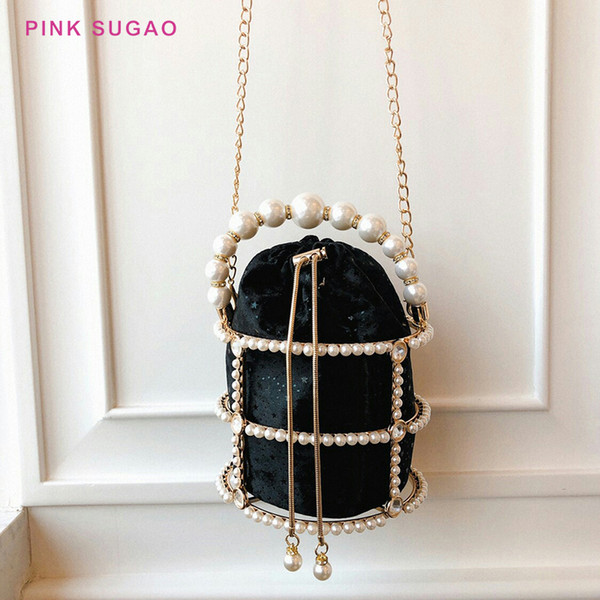 Pink sugao women tote bag designer shoulder handbags Handmade pearl bag alloy child mother cage cage net red hand ladle shoulder messenger