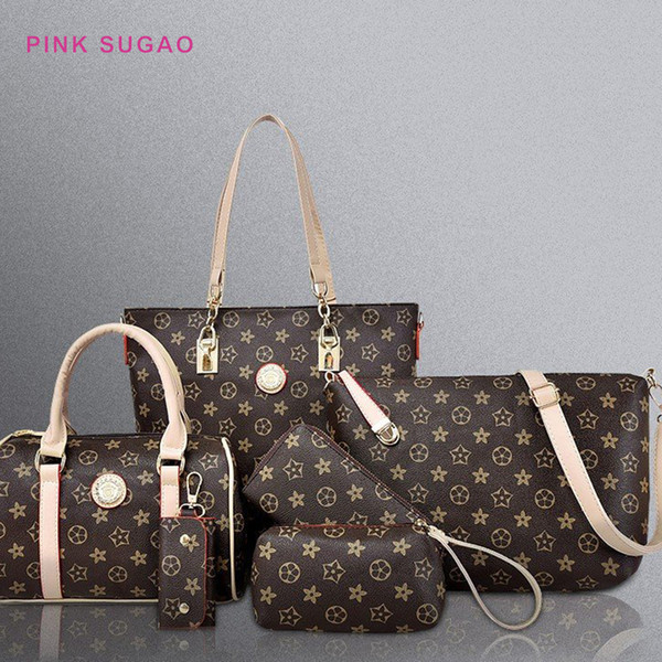 Pink Sugao deisgner tote bag women shoudler bags 6pcs/set handbag new fashion purses flower printed handbag lady shopping bags pu leather
