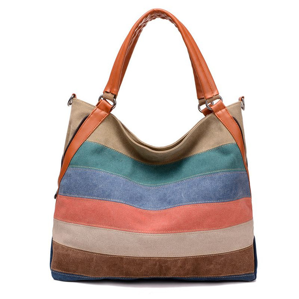 Women Canvas Tote Bag Patchwork Lady Shoulder Bags Fashion Striped Girls Handbags Sac A Main Female