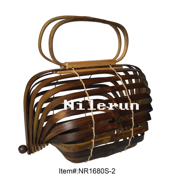 Unique creative dark coffee color carbonized bamboo cage barrel basket handbag bamboo purse