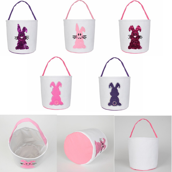 12styles Easter Basket Sequin Rabbit Baskets Canvas Easter Tote Gift Carry Eggs Candy Bag Plush Round Bottom Storage Basket GGA3028