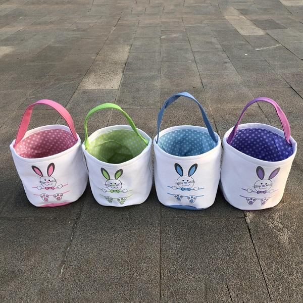 Wholesale Blanks Cute Easter Bunny Bucket Canvas Easter Gift Bag Candy Egg Handbag With Rabbit Tail Easter Basket For Festival Supplies