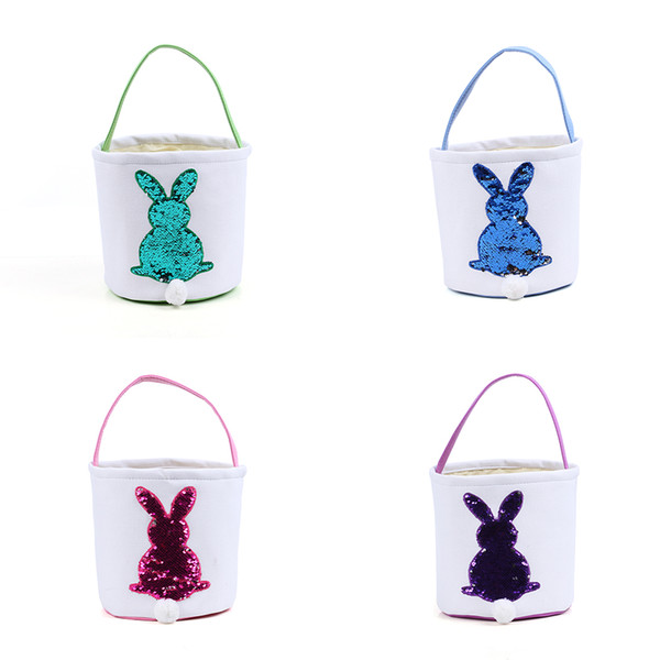 New style fashion hot style kids candy bag bunny tail canvas Easter bucket glitter sparking sequin rabbit tail Easter basket