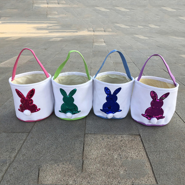 4 Colors Sequins Easter Basket Wholesale Blanks Easter Bucket Cute Rabbit Candy Bags Canvas Easter Kids Handbag Party Decoration