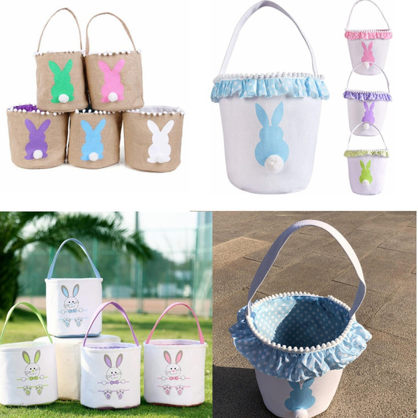 Easter Basket Canvas Rabbit Buckets Lace Easter Bunny Bags Baskets Kids Candy Gift Tote Handbags Egg Hunt Storage Bag GGA3194